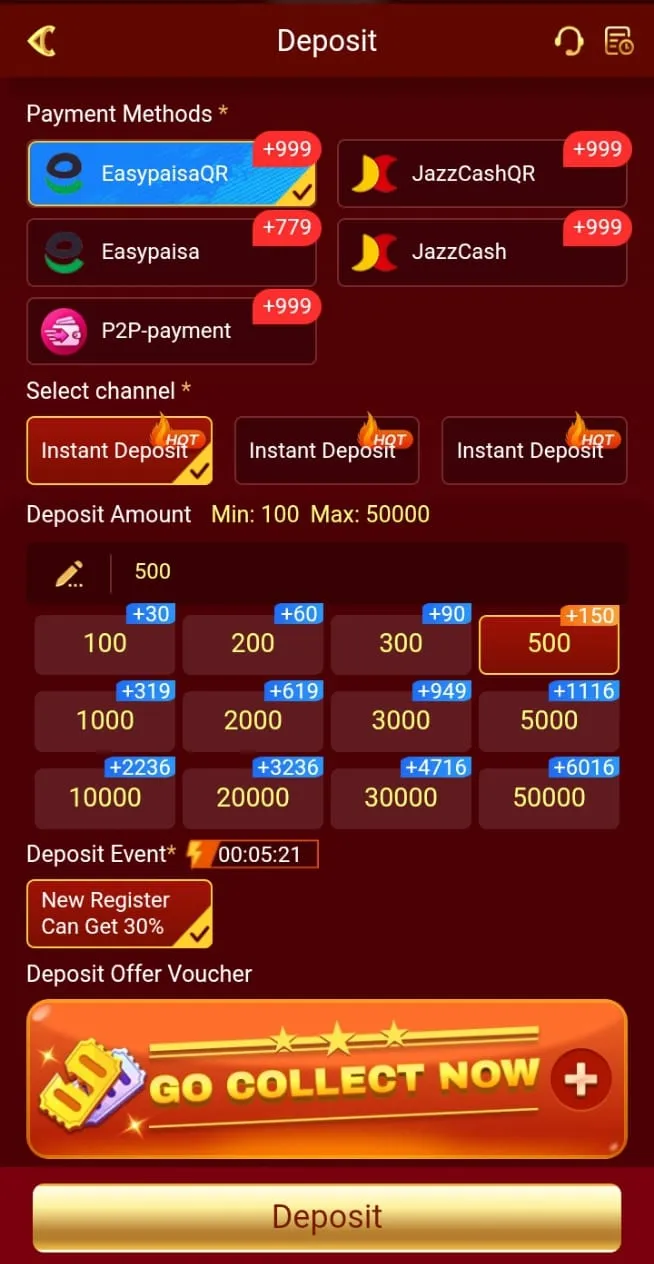 Y71 deposit with EasyPaisa QR, JazzCash QR, EasyPaisa, JazzCash and P2P