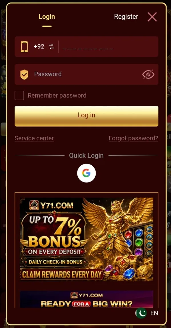 Y71 Game login with Pakistan +92 phone and Google quick login