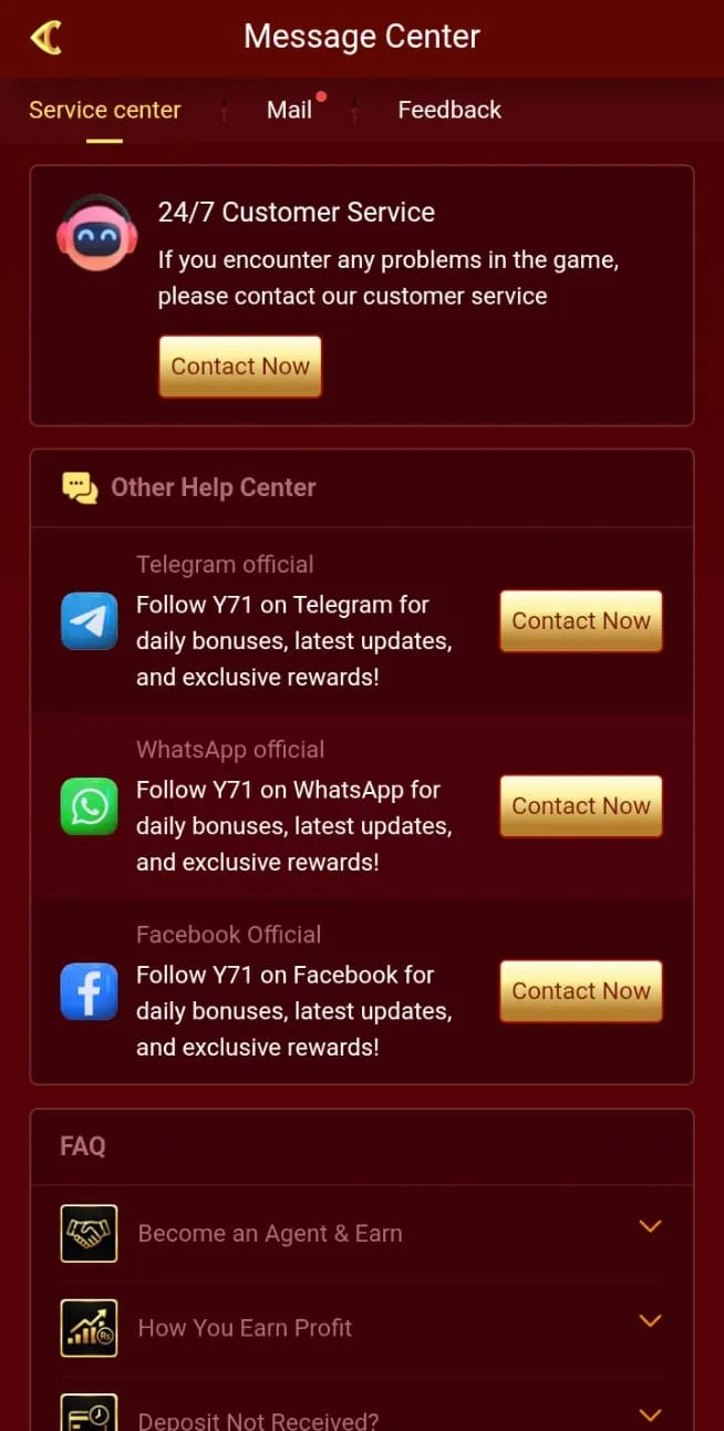 Y71 24/7 support centre Telegram WhatsApp Facebook